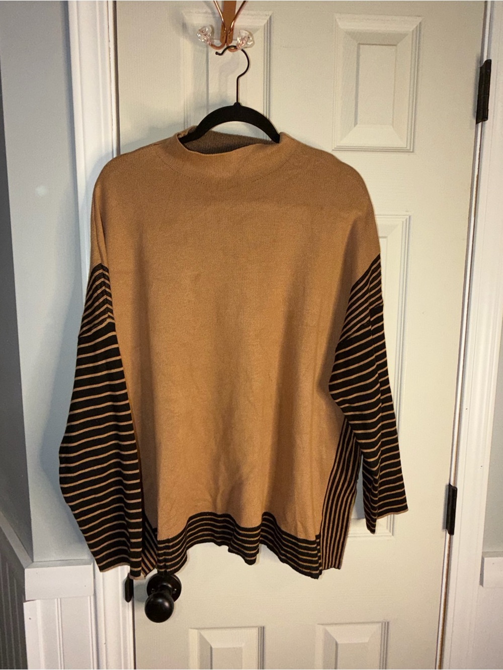 Cowl Neck Sweater in Camel with Black Stripe Accents